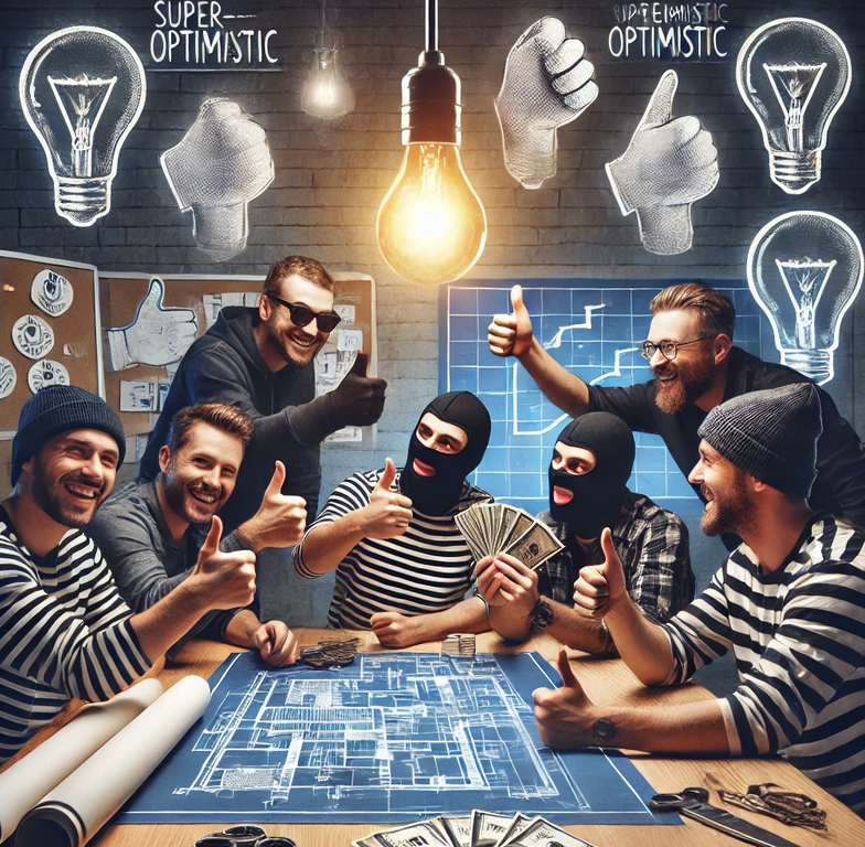 a group of criminals planning a heist with exaggerated confidence and enthusiasm, highlighting their unrealistic optimism