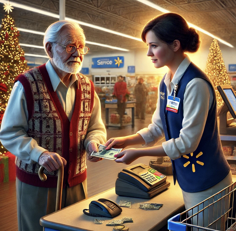 article about the quick-thinking Walmart cashier who helped save an elderly man from a scam. It captures the heartwarming moment in a festive holiday setting | Kenneth Padowitz, P.A.