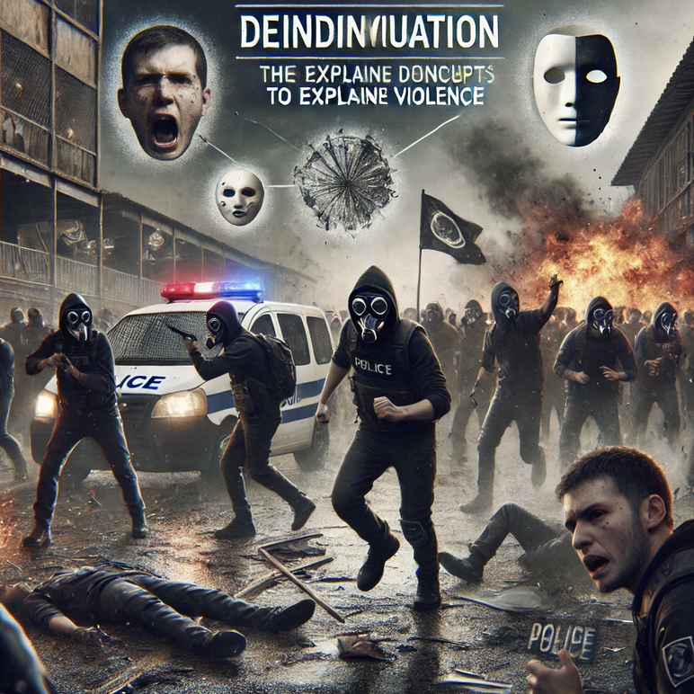 illustrates the concept of deindividuation in a chaotic protest or riot, highlighting the loss of self-awareness and personal responsibility that can lead to violence and crime