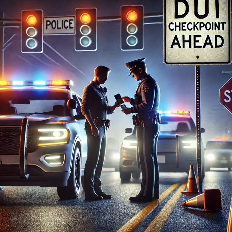 DUI Checkpoint depicts a nighttime roadblock with police officers, emphasizing the seriousness and legal implications of driving under the influence