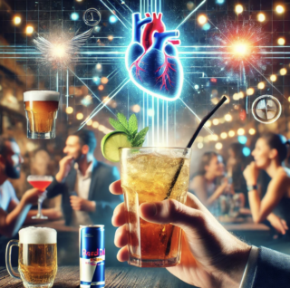 Synergistic Effect of Alcohol and Energy Drinks lively atmosphere of a bar or party while subtly cautioning against the potential risks of mixing alcohol and energy drinks